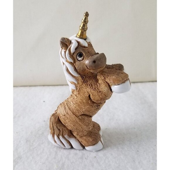 Vintage 1970's Unicorn Figurine W/ Brass Horn Sand Cast 5" Figurine Signed Tan - Picture 1 of 7